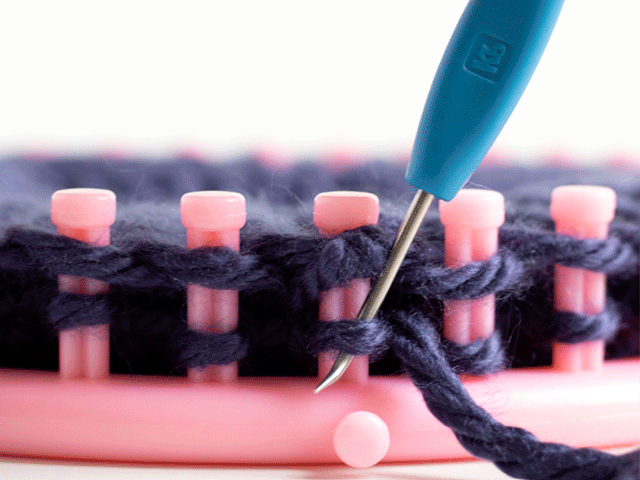 how to loom knit a tiny hearts beanie - slide in hook on brim