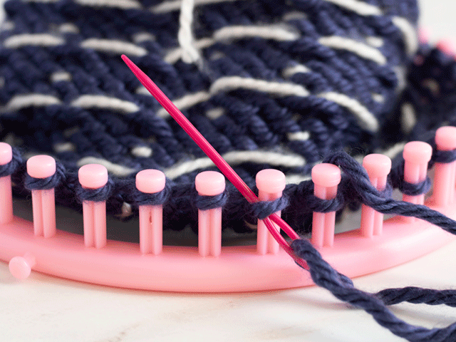 how to loom knit a tiny hearts beanie - knitting needle