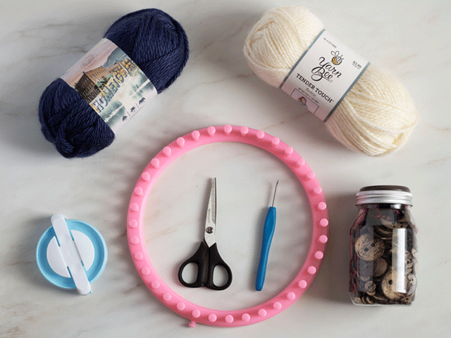 materials to loom knit a tiny hearts beanie