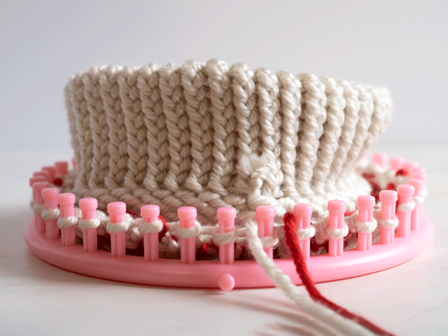 loom knit fair isle beanie in progress