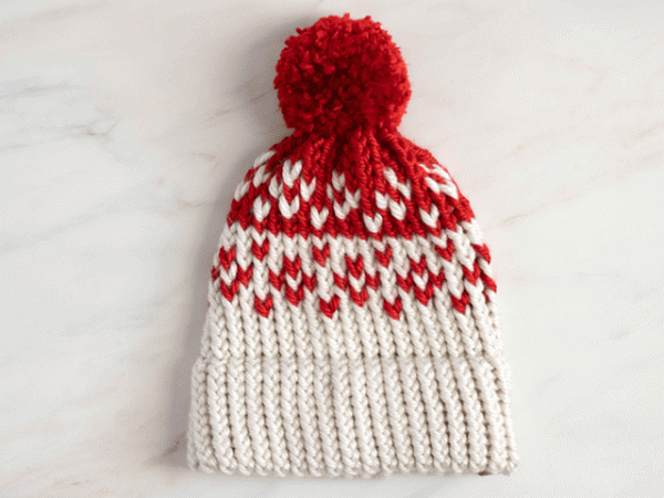 red and white loom-knit fair isle beanie by jennibeemine
